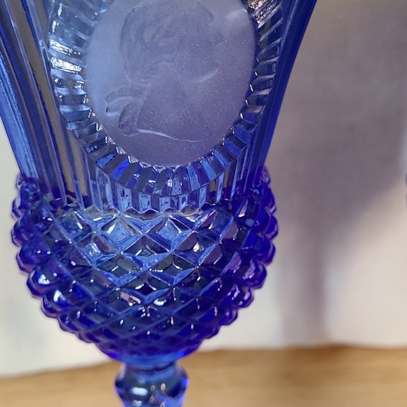 Vintage Fostoria Cobalt Blue Avon Pitcher/Creamer and Two Goblets W/ Orig Candle - Picture 3 of 11